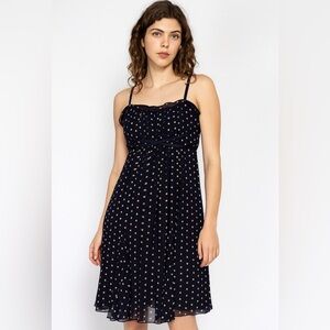 Vtg 90s Babydoll Dress Women’s XXS Navy White Polka Dots Silk Coquette Feminine